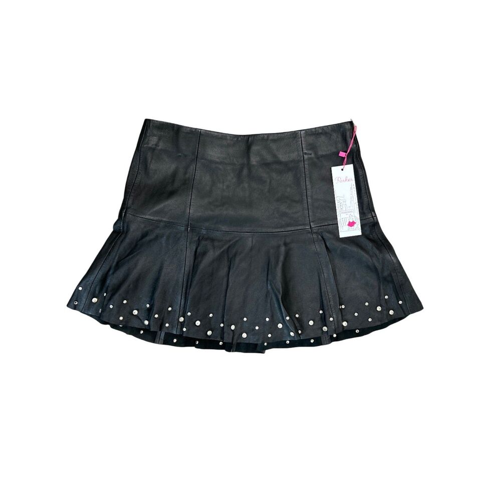 Parker NY Black Smooth Leather Rhinestone Cyrus Studded Flare Mini Skirt NWT